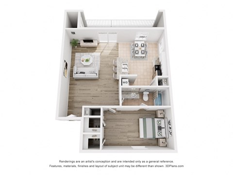 Floor plan for 1 bed, 1 bath, 684 sqft